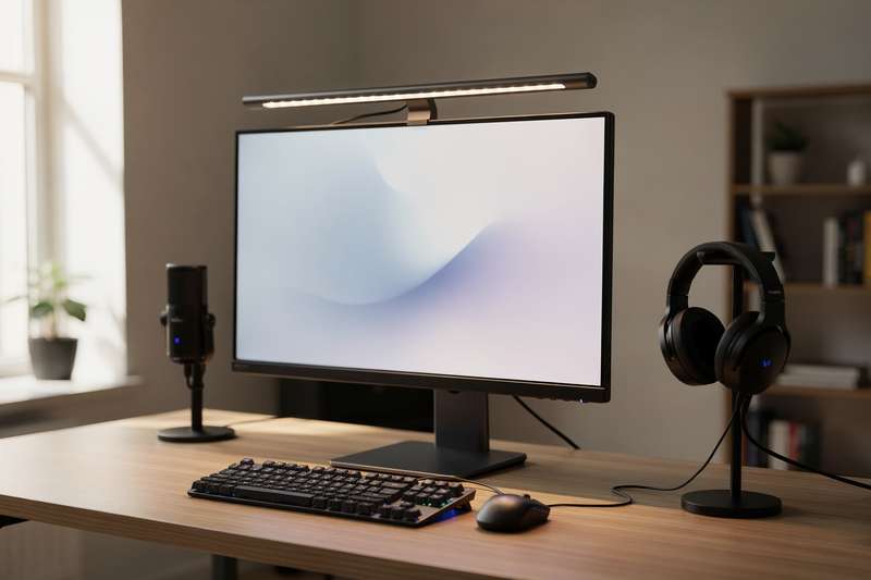Persona che regola l'illuminazione della barra LED sopra il monitor durante una sessione di streaming.