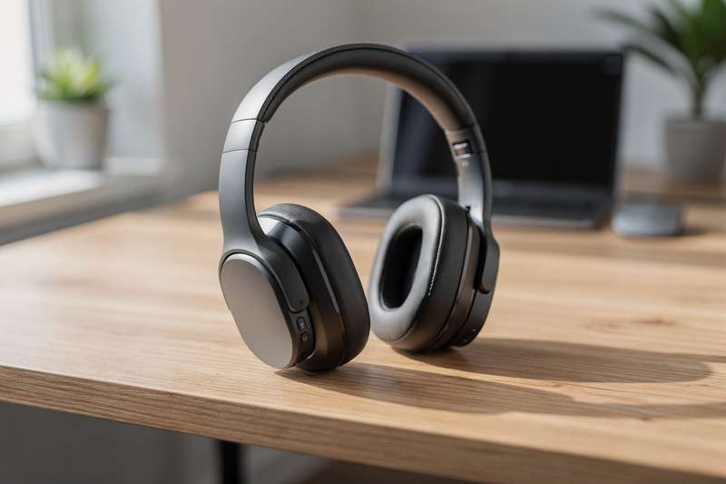 Persona che lavora alla scrivania indossa cuffie over-ear e ascolta musica mentre scrive al computer in ufficio.