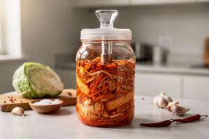 Mani che versano cavolo tritato in un barattolo di vetro con sistema di fermentazione e valvola airlock.
