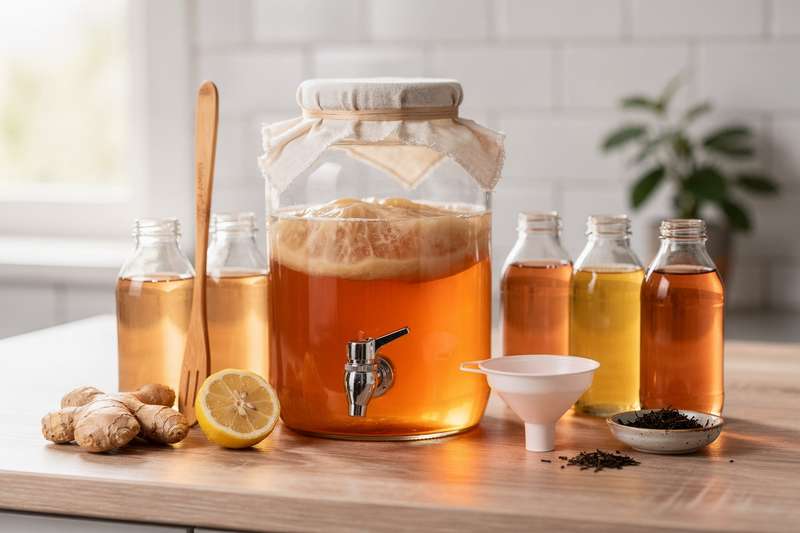 Mani versano il tè raffreddato nel contenitore di fermentazione del kombucha preparato per la fermentazione.