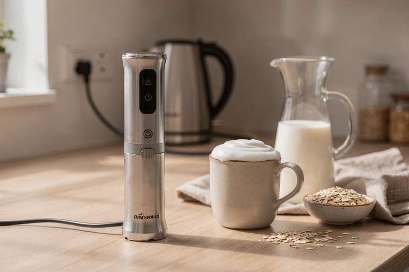 Mani che versano latte d'avena in un montalatte elettrico per preparare una schiuma densa e cremosa.