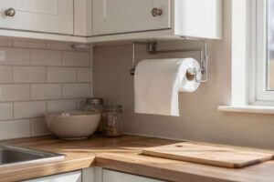 Mano di una donna che installa un portarotolo adesivo sotto il pensile della cucina senza danneggiare la vernice.