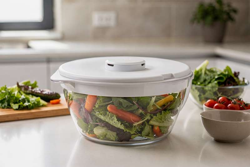 Mani che centrifugano insalata fresca in una centrifuga capiente per preparare il contorno per tutta la famiglia.