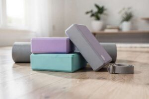 Una donna durante una sessione di yoga utilizza due blocchi di supporto per mantenere l'equilibrio durante una posizione di...