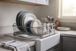 Scolapiatti compatto appoggiato sul bordo del lavello della cucina mentre asciuga i piatti bagnati.