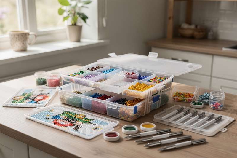 Mani che organizzano i vassoietti colorati di strass mentre lavori al tuo progetto di diamond painting su un tavolo luminoso.