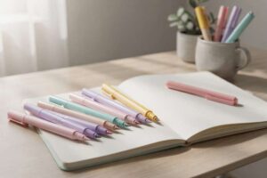 Mani che creano lettere colorate con pennarelli brush su pagine di bullet journal in tonalità pastello.