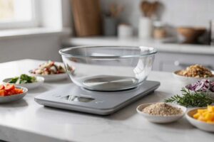 Una bilancia digitale con ciotola integrata posizionata su un piano cucina mentre misuri ingredienti per preparare i pasti...