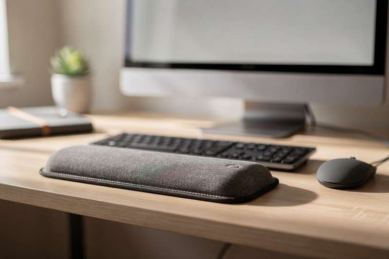 Mani di una persona che digita sulla tastiera con il poggiapolsi in memory foam posizionato correttamente.
