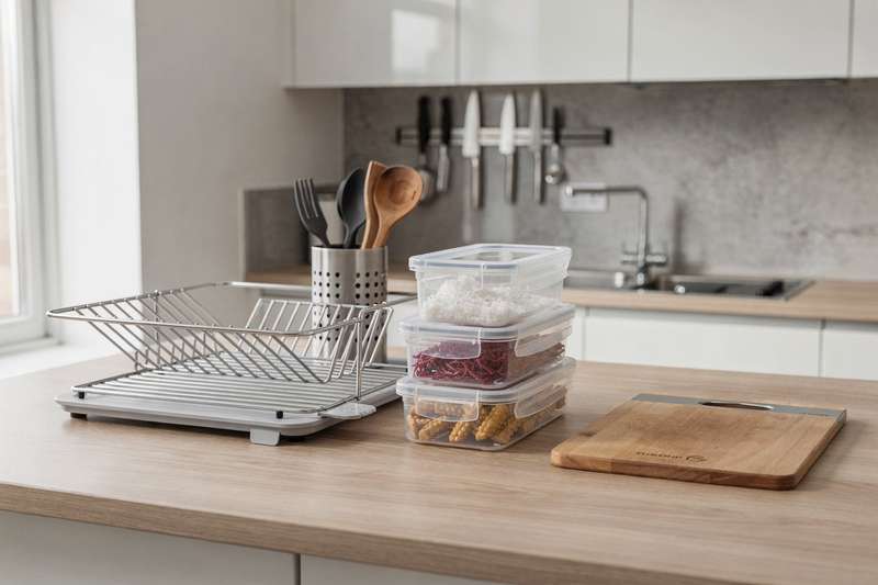 # Alt-text immagine Mani che organizzano utensili da cucina in uno spazio compatto usando accessori salvaspazio.