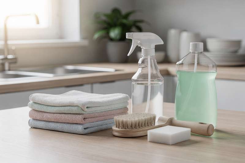 Una persona pulisce il pavimento della cucina con uno straccio e un detergente economico durante le pulizie domestiche quotidiane.