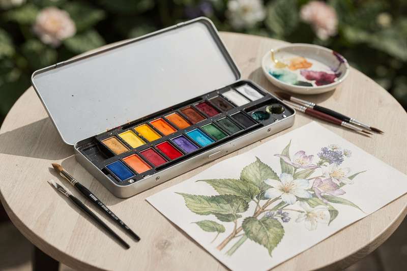 Una mano tiene un pennello inumidito mentre dipinge delicati fiori su carta usando le mezze pastiglie di acquerello dal set.