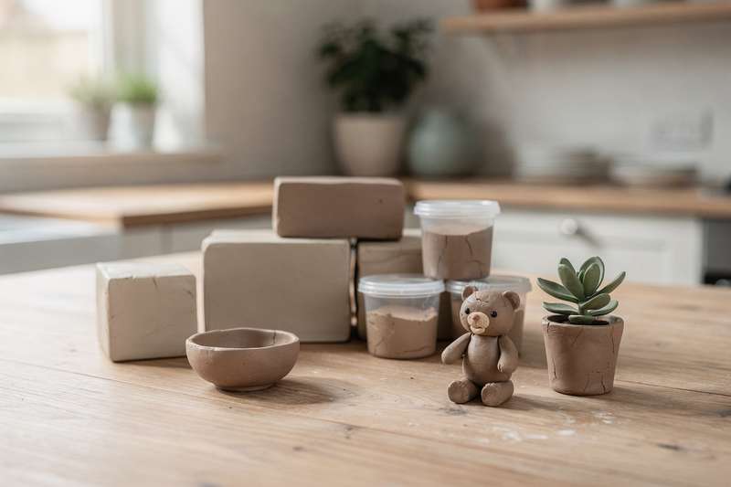 Una persona modella una piccola scultura in argilla leggera su un tavolo da lavoro ben illuminato.