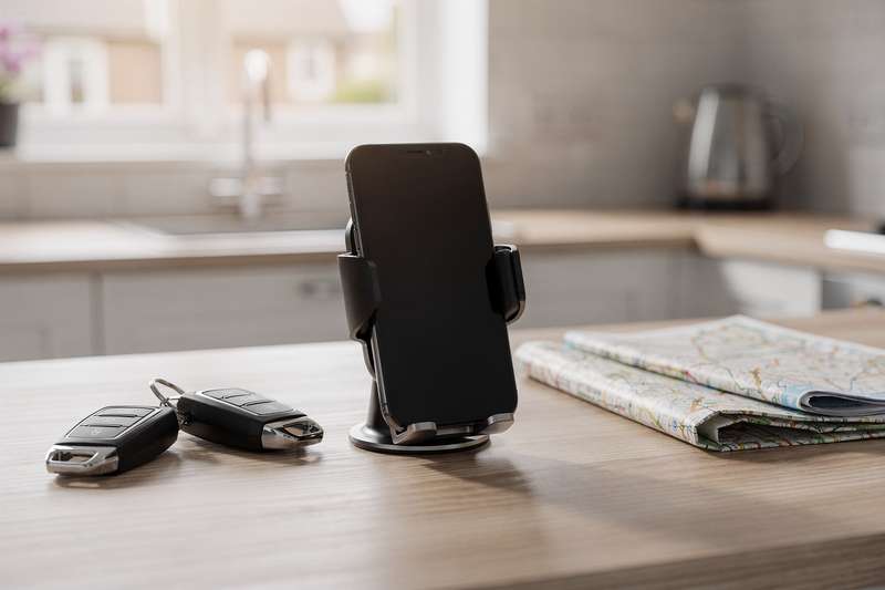 Conducente che fissa il telefono al cruscotto dell'auto e lo posiziona correttamente per seguire il navigatore durante la guida.