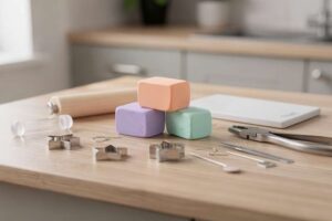 Una coppia di mani sorride mentre modella creta polimerica colorata per realizzare piccoli orecchini fatti a mano.