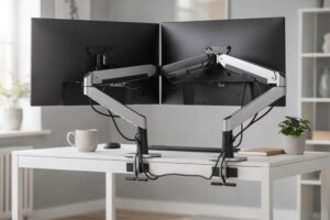 Braccio monitor regolabile montato sulla scrivania IKEA ALEX con lo schermo sollevato durante il lavoro in ufficio.