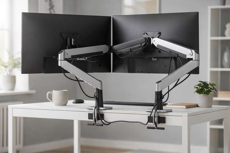 Braccio monitor regolabile montato sulla scrivania IKEA ALEX con lo schermo sollevato durante il lavoro in ufficio.
