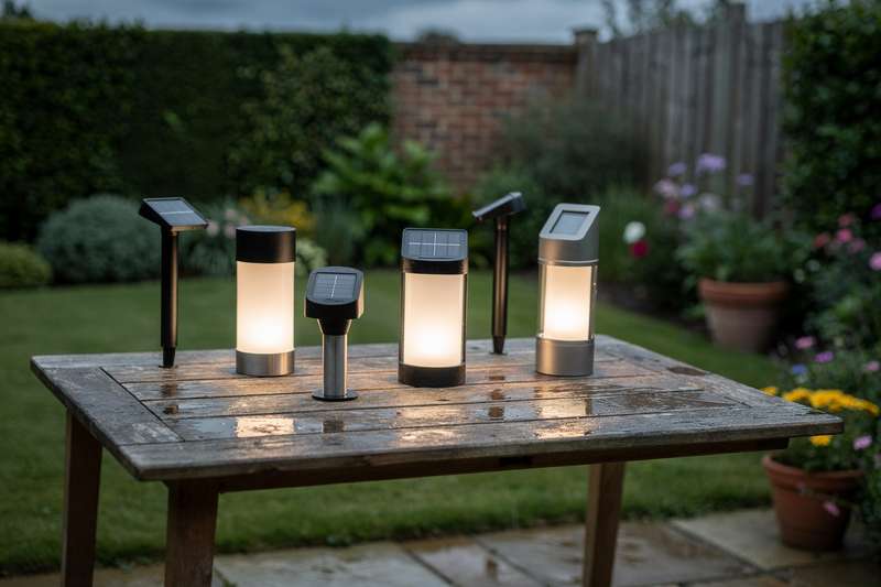 Una persona accende le luci solari nel suo giardino al tramonto, creando un'atmosfera calda e accogliente tra le piante.