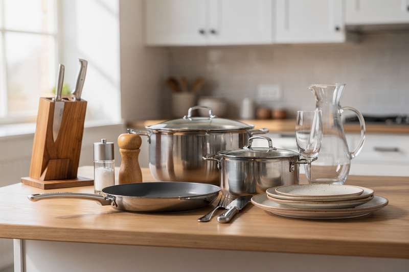 Una coppia prepara insieme una cena elegante in una cucina moderna, con piatti e bicchieri coordinati sul tavolo.