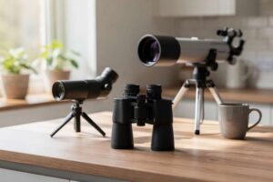 Appassionato di astronomia osserva il cielo notturno con un potente telescopio montato su treppiede.