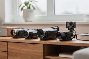 Una persona monta un video con una videocamera professionale davanti a un monitor che mostra il progetto in editing.