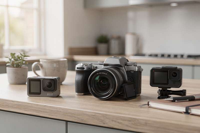# Alt-text suggerito: Fotografo che regola le impostazioni della fotocamera digitale mirrorless mentre osserva il soggetto...