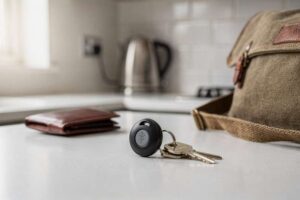 Una persona controlla il suo portafoglio usando un localizzatore Bluetooth legato alle chiavi di casa.