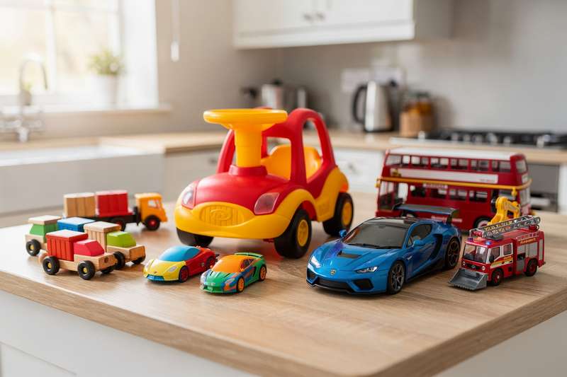 Bambino che gioca con un'auto telecomandata su un pavimento, simulando corse e manovre divertenti.