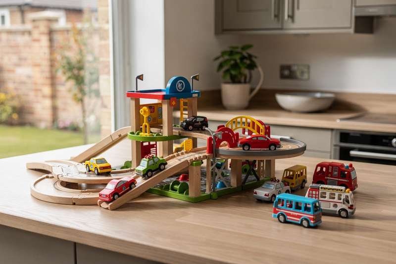Una mano di bambino che spinge un camion giocattolo su una pista di carta costruita in casa.