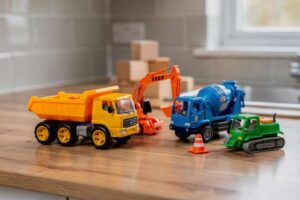 Bambino gioca con camion e escavatore in sandbox, ricreando scene di cantiere con sabbia e piccoli attrezzi.