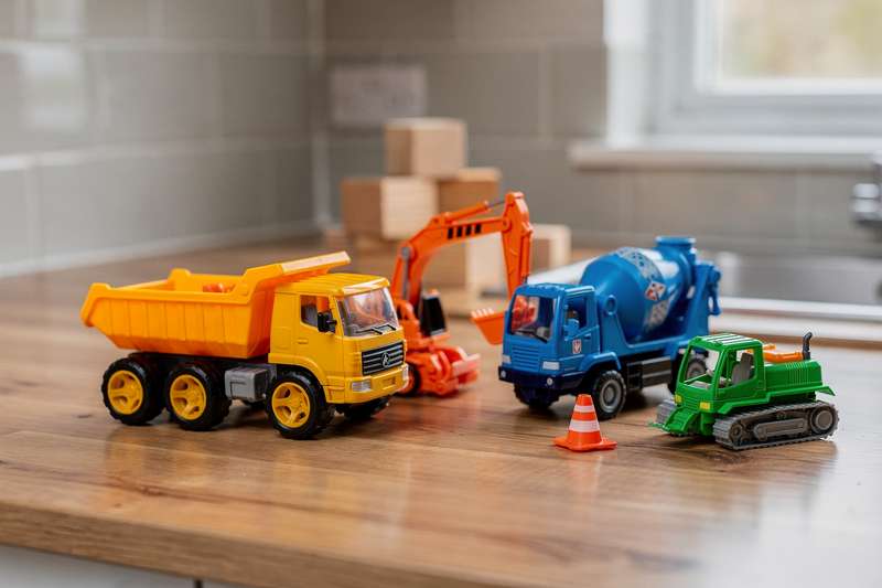 Bambino gioca con camion e escavatore in sandbox, ricreando scene di cantiere con sabbia e piccoli attrezzi.
