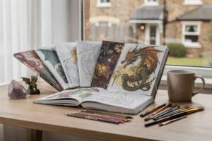 Mani di un lettore che sfoglia un libro illustrato con creature fantasy mentre tiene matite colorate sul tavolo.