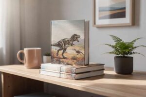 Una persona legge un libro illustrato sui dinosauri con immagini vivide di creature preistoriche seduta in poltrona.