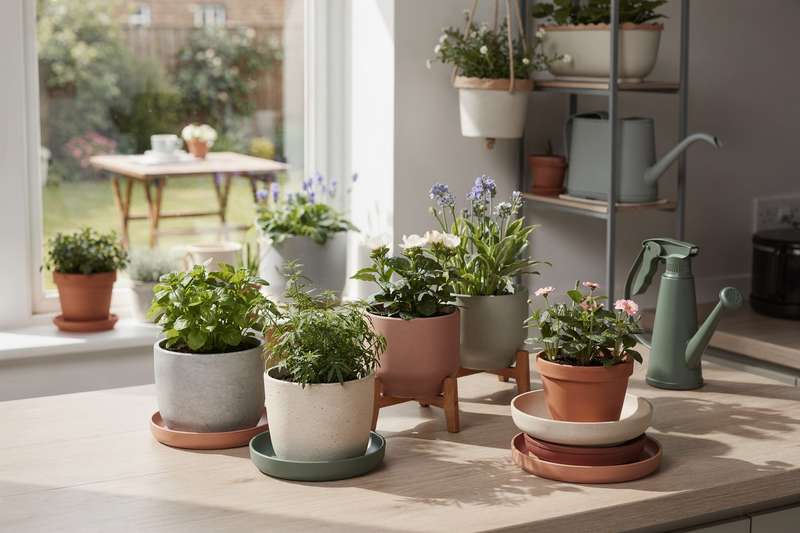 Mani di un giardiniere che posiziona piante in vasi decorativi di diversi colori e materiali.