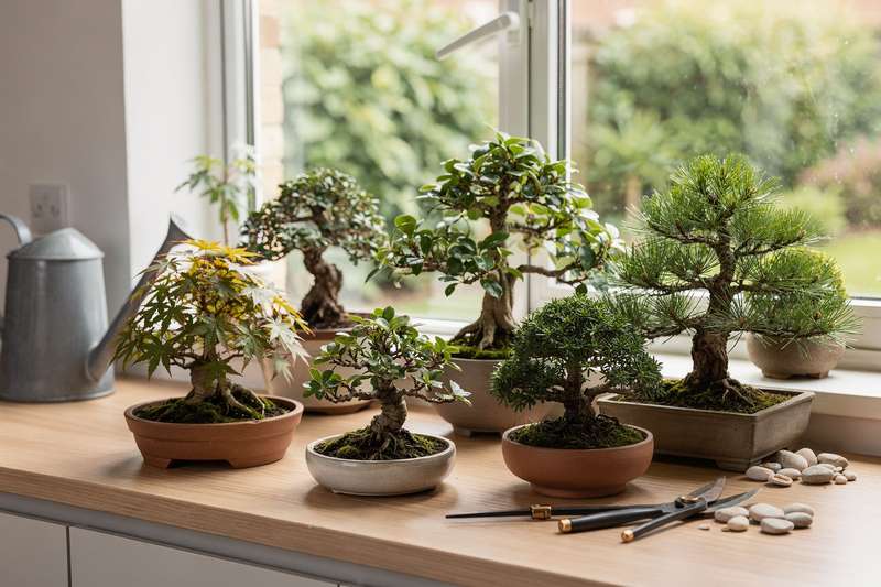Mani che potano delicatamente i rami di un bonsai in vaso su un tavolo in legno naturale.