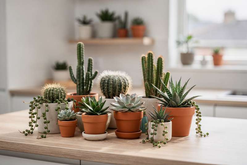 Una mano di donna che innaffia delicatamente un cactus in vaso di ceramica bianca posizionato sul davanzale della finestra.
