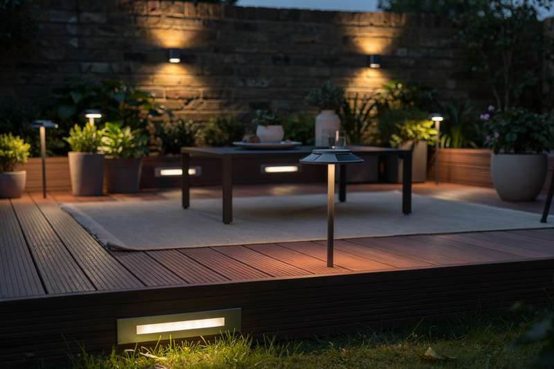 Persone che cenano al tramonto su un patio illuminato da luci sospese calde che creano un'atmosfera accogliente.