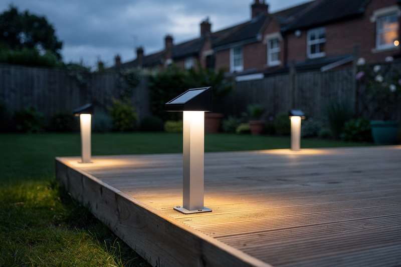 Paletti luminosi solari piantati nel terreno di un giardino che illuminano il vialetto al crepuscolo.