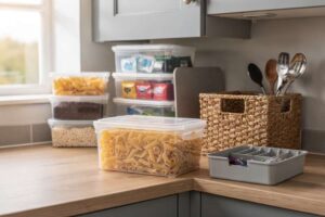 # Alt-text per immagine lifestyle Mani che organizzano barattoli trasparenti con alimenti secchi all'interno di un mobile da...