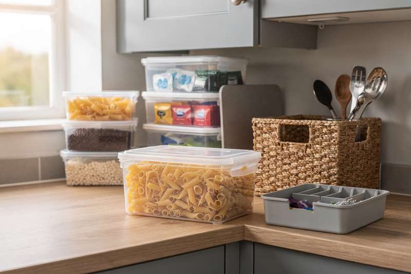 # Alt-text per immagine lifestyle Mani che organizzano barattoli trasparenti con alimenti secchi all'interno di un mobile da...