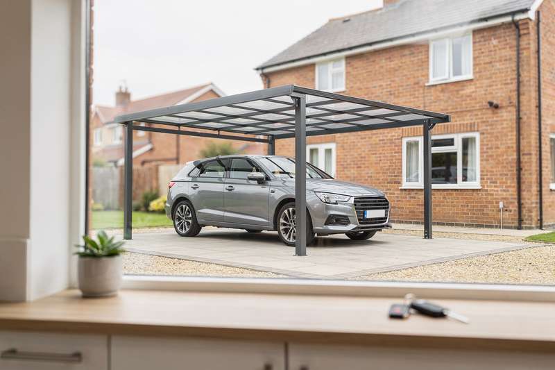 Una tettoia auto moderna in metallo grigio scuro protegge un'automobile parcheggiata in un vialetto di ghiaia inglese.