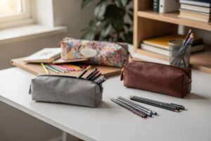 Una ragazza studente organizza i suoi pastelli colorati dentro un astuccio di tela aperto sulla scrivania.