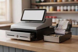 Mani di un commesso che aprono il cassetto registratore con monete e banconote all'interno del negozio.
