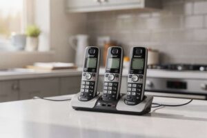 # Alt-text per immagine lifestyle Una persona accanto a un tavolo parla al telefono cordless mentre consulta documenti di...