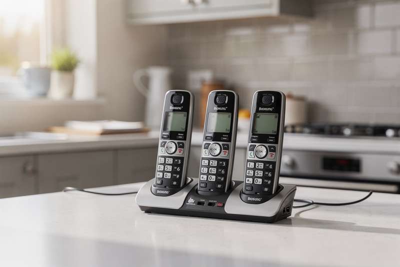 # Alt-text per immagine lifestyle Una persona accanto a un tavolo parla al telefono cordless mentre consulta documenti di...