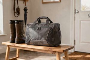 Una donna apre una borsa sportiva per riporre i suoi scarpini da calcio dopo l'allenamento.
