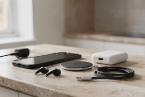 Persona che tiene in mano uno smartphone mentre esamina diversi accessori disposti su un tavolo intorno a lei.