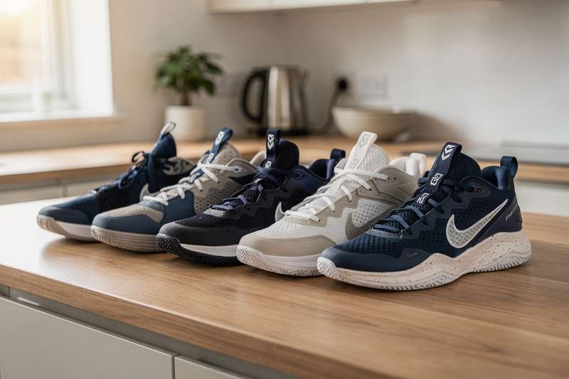 Giocatore che indossa scarpe da basket durante un'allenamento in palestra.