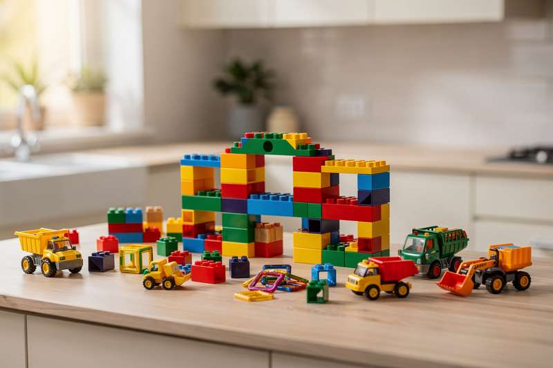 Bambino che costruisce una torre colorata concentrandosi sugli elementi di plastica tra le mani.