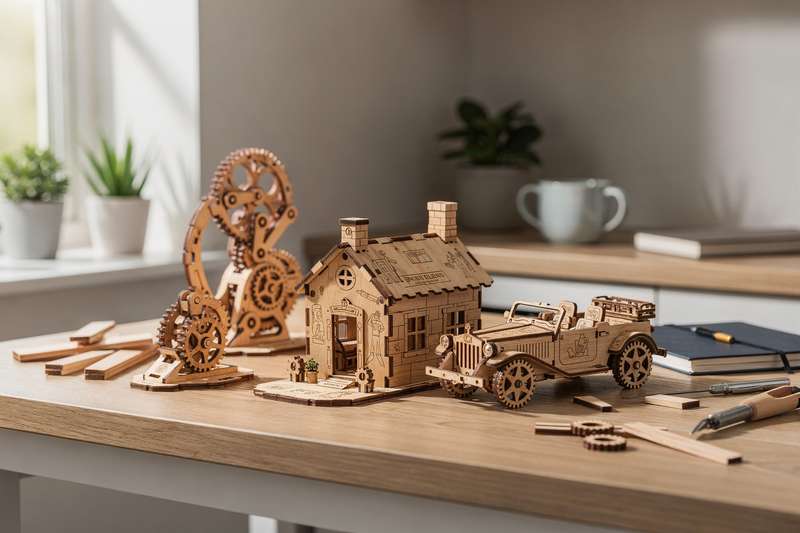 Mani di una persona che assembla un puzzle in legno 3D su un tavolo ben illuminato.